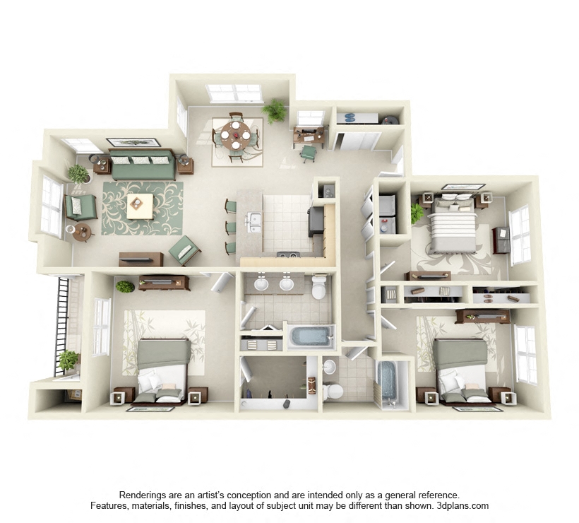 Floor plan for 3 beds, 2 baths, 1367 sqft
